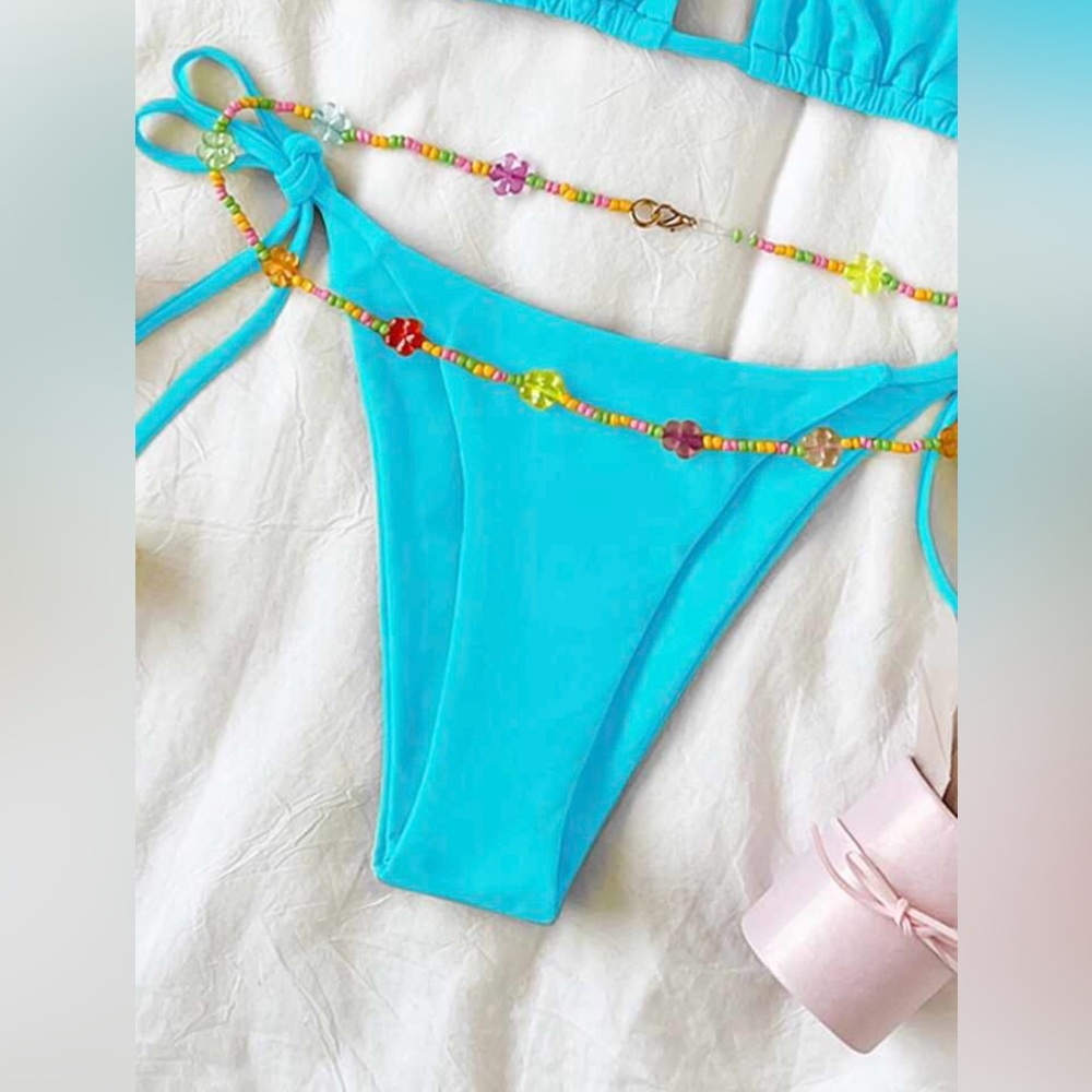 SHEIN • Womens Vibrant Blue Tie Back Top Tie Side Bottom Beaded Belt Bikini Set - Picture 3 of 5